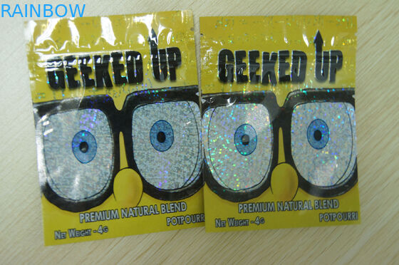 L'encens de fines herbes zip-lock empaquetant le plastique GEEKED de film du laser 4g LÈVE le jaune