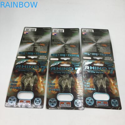 Le rhinocéros 7 5000 capsulent la carte de boursouflure empaquetant la boîte de présentation sexuelle masculine de papier des pilules 3D