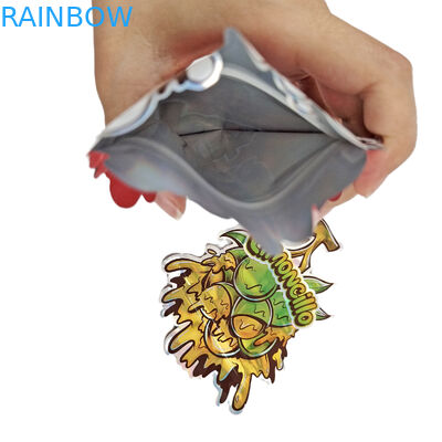 Sac Mylar en forme avec logo personnalisé imprimé Holographe irrégulier Ziplock anti-odeur 3.5g 7g 14g 28g Snack pouches