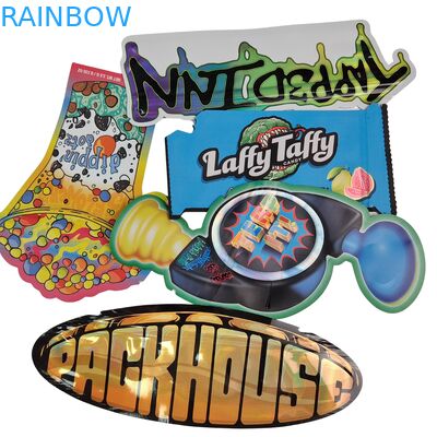 Sacs en Mylar à fermeture éclair refermable, forme holographique, découpés à l'emporte-pièce, en feuille d'aluminium, thermoscellables, pochettes irrégulières pour gummies aux champignons