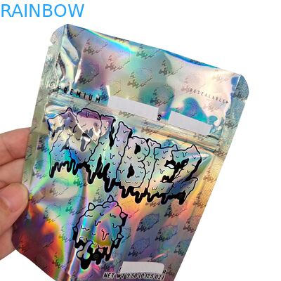 Sac en Mylar holographique refermable, pochette à fermeture éclair, résistante aux odeurs, format stand-up, pour 3,5g/7g/1oz/1lb de bonbons gélifiés, sac en plastique
