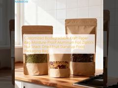 Sac en papier kraft biodégradable personnalisé, résistant à l'humidité, avec fermeture éclair en feuille d'aluminium, pour snacks aux noix, fruits secs, et emballage alimentaire vertical