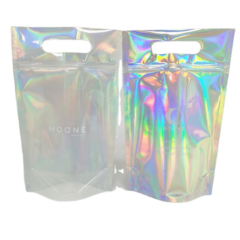 Le papier d'aluminium cosmétique Mylar de sacs olographes en plastique transparents met en sac avec la poignée de tirette