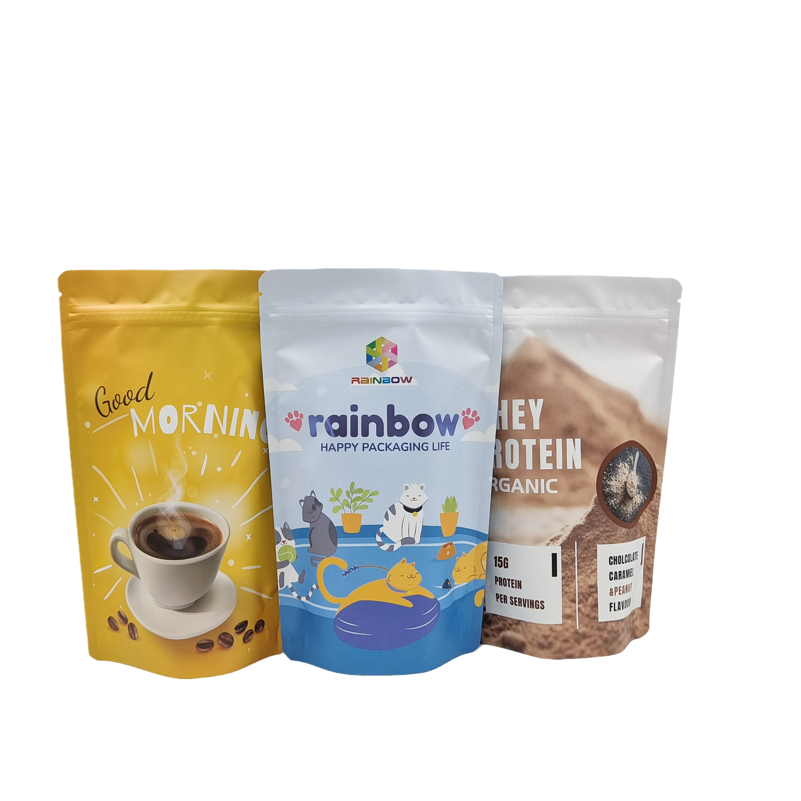 La tirette comestible de papier d'aluminium d'emballage en plastique tiennent les sacs pour la poudre de protéine de biscuit de casse-croûte