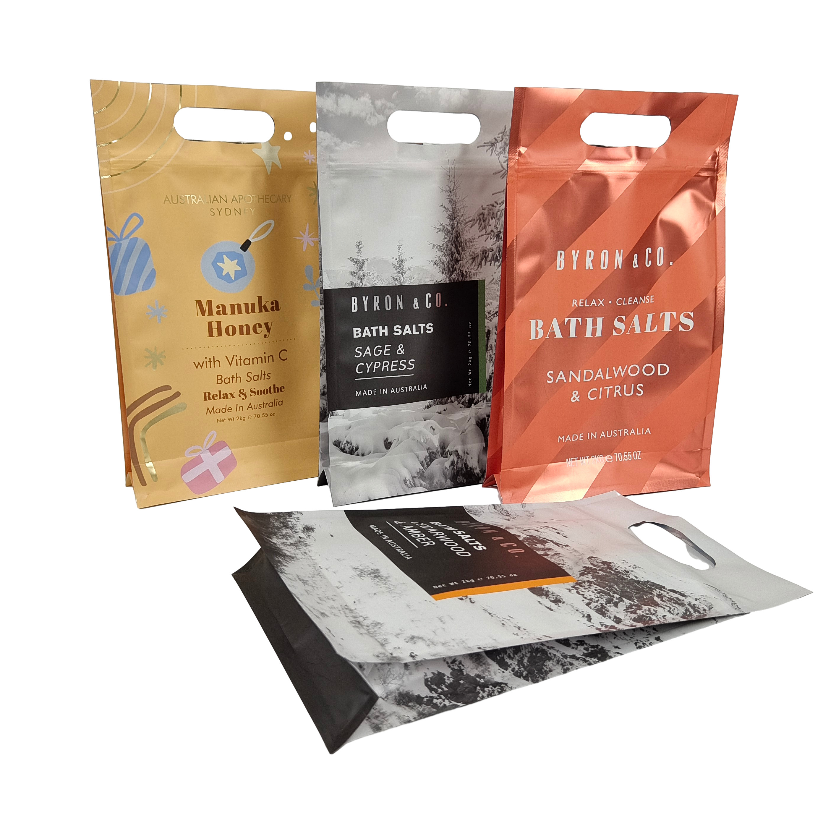 Conception personnalisée Imprimé carré mat plat bas du côté coussinet plastique Mylar Foil Logo Emballage Poche facile à déchirer Fermeture à glissière sacs