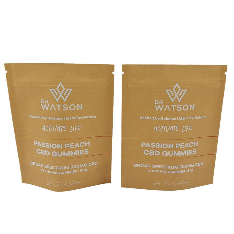 Vente à chaud Conception personnalisée imprimée Biodégradable Stand Up Kraft Sac de papier Eco Friendly emballage de bonbons en caoutchouc