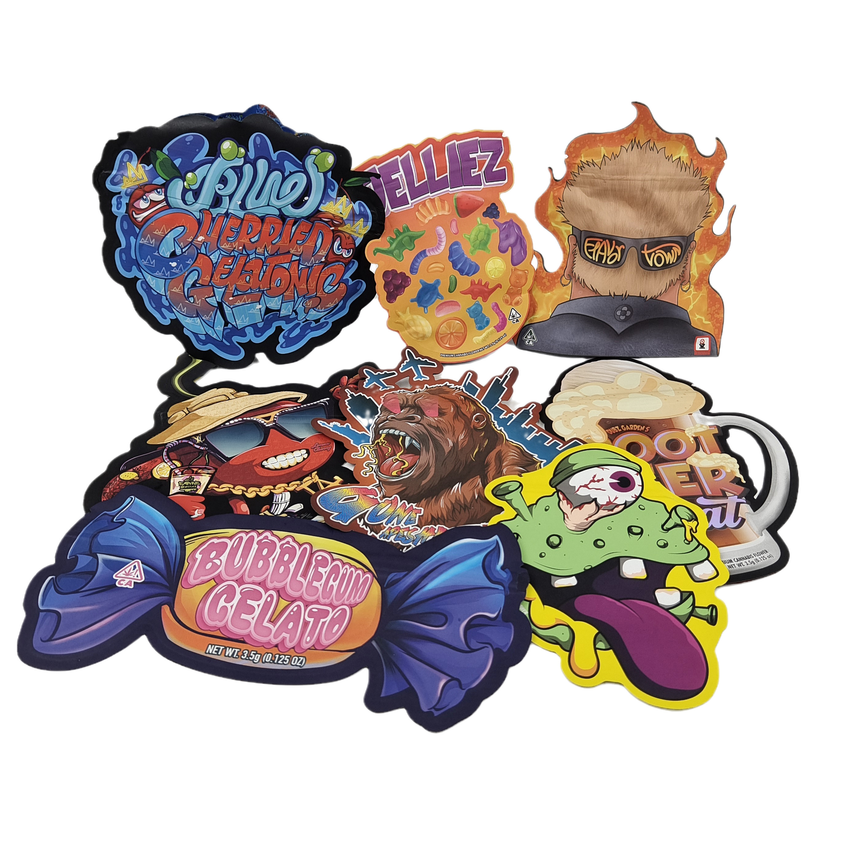 3.5g Sacs Mylar imprimés sur mesure en forme irrégulière en découpe à la matrice Sacs à fermeture à glissière Sacs d'emballage pour collations