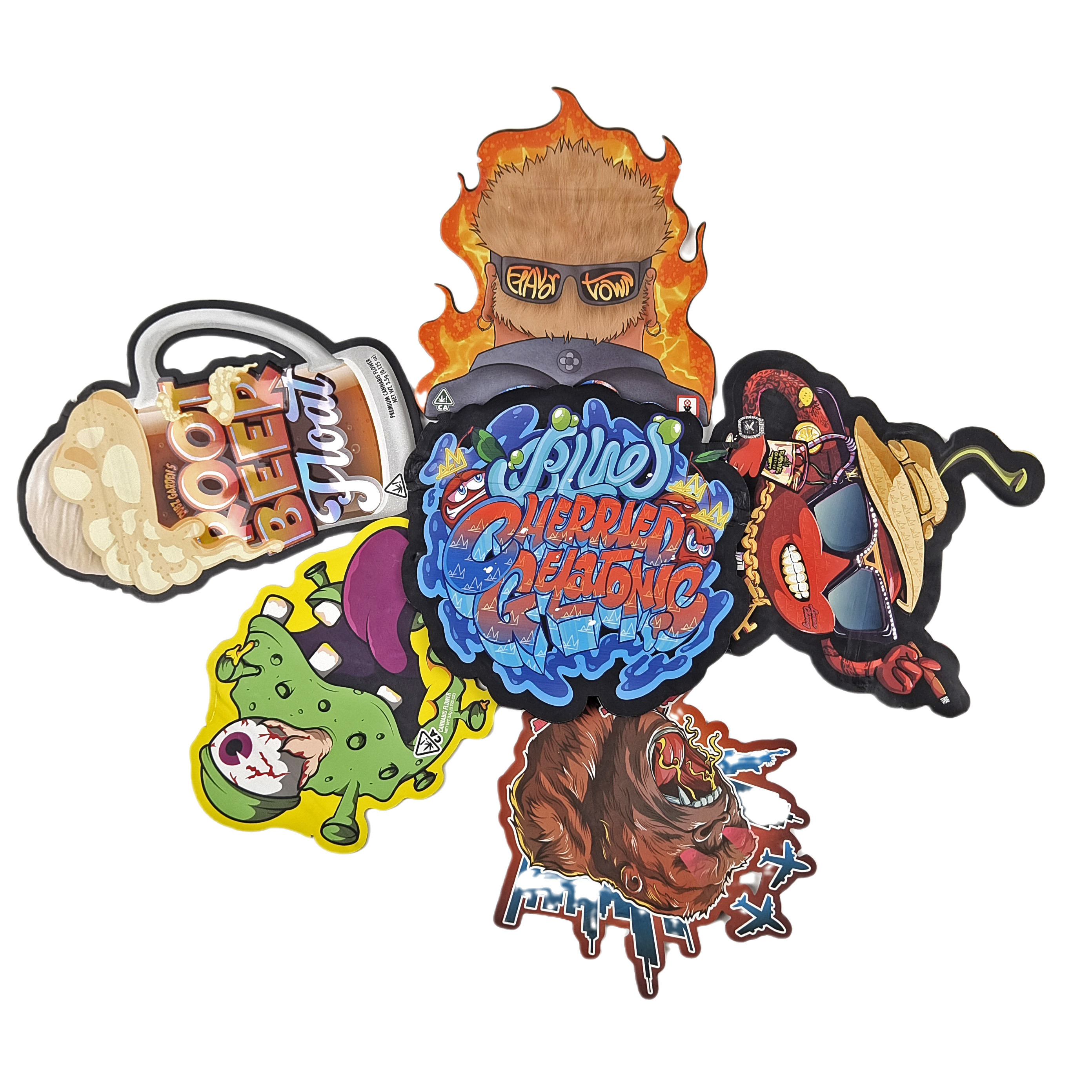 Sac Mylar en forme avec logo personnalisé imprimé Holographe irrégulier Ziplock anti-odeur 3.5g 7g 14g 28g Snack pouches