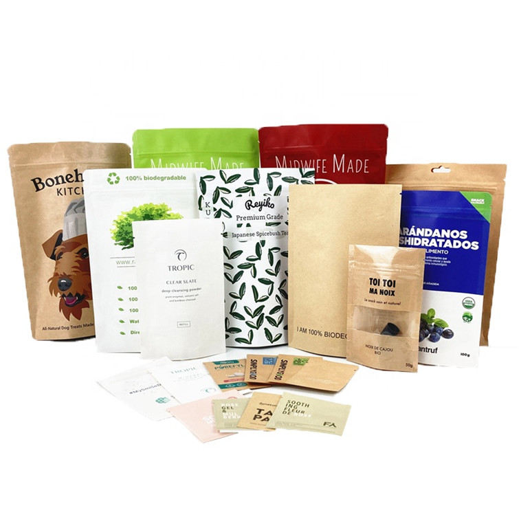 Produits alimentaires personnalisés Sacs en papier kraft brun PLA pour mangues Poudre Aliments pour animaux de compagnie Délices comestibles Sacs d'emballage Mylar avec fermeture à glissière
