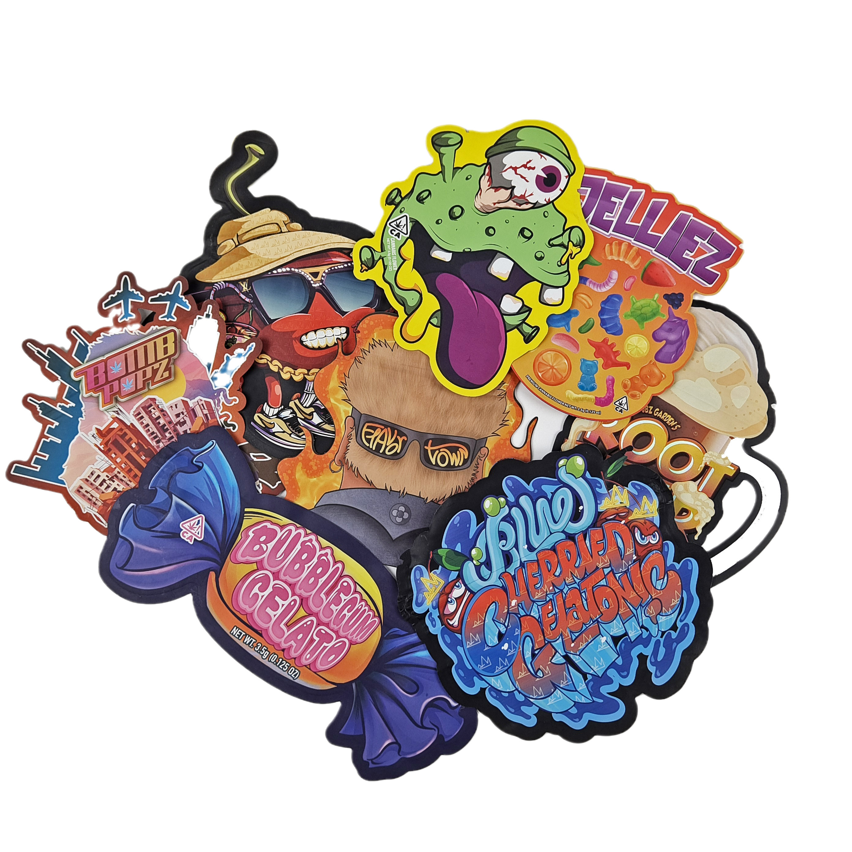 Conception personnalisée 3.5g 7g 14g 28g Sacs découpés avec des matrices Ziplock Forme spéciale à l'épreuve des enfants Forme personnalisée Mylar Snack Bag Packaging