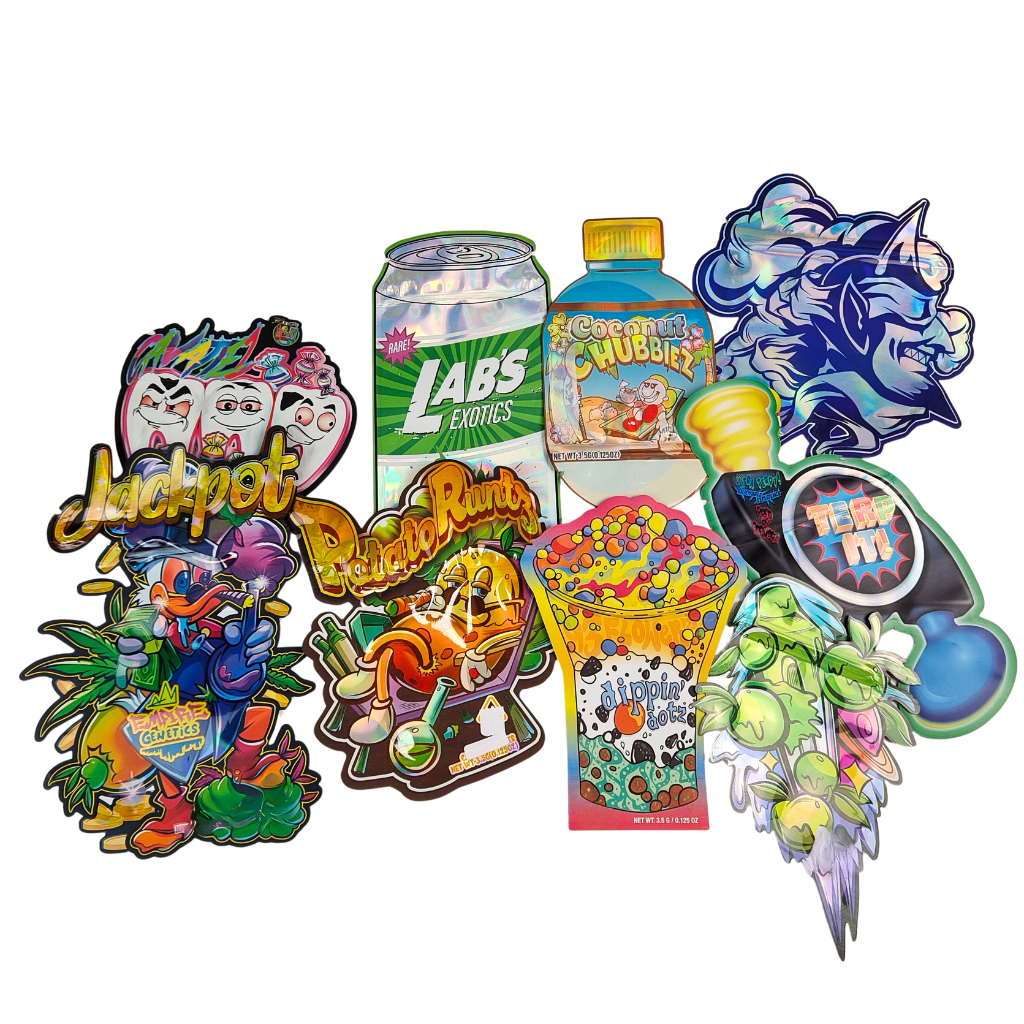 Sachets Mylar Doypack Découpés pour Cookies Cali 3.5g 7g 14g 28g, Qualité Alimentaire, Brillant/Mat, Hermétiques, Ziplock