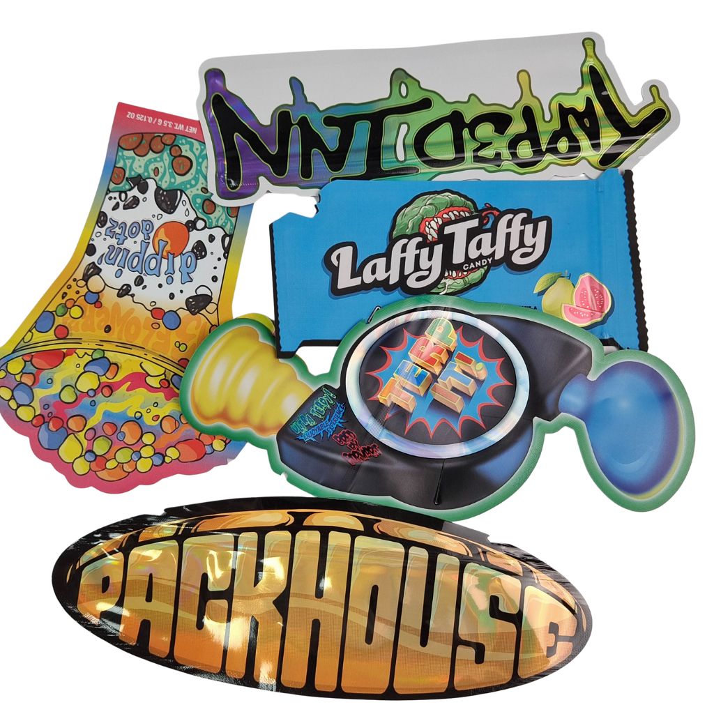 Sacs en Mylar à fermeture éclair refermable, forme holographique, découpés à l'emporte-pièce, en feuille d'aluminium, thermoscellables, pochettes irrégulières pour gummies aux champignons