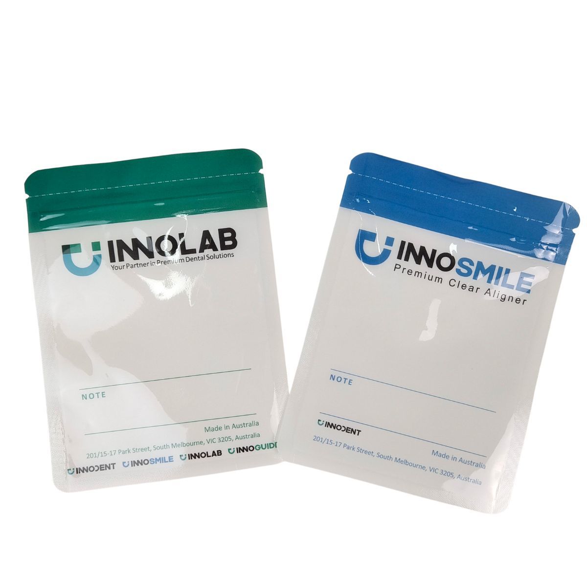 Sac à fermeture à glissière blanche personnalisable pour les soins dentaires, aligneurs clairs, emballage à l'un des côtés, étanche avec étanchéité thermique et alignement du logo