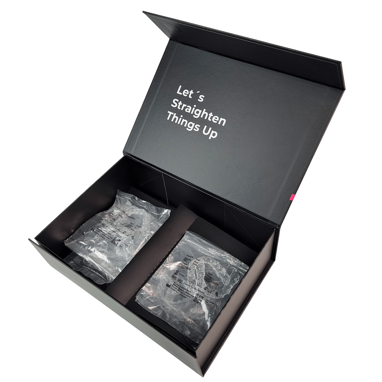 Boîte d'emballage personnalisée pour aligneurs dentaires avec fermeture magnétique, épaisseur 350g et design personnalisable pour aligneurs dentaires