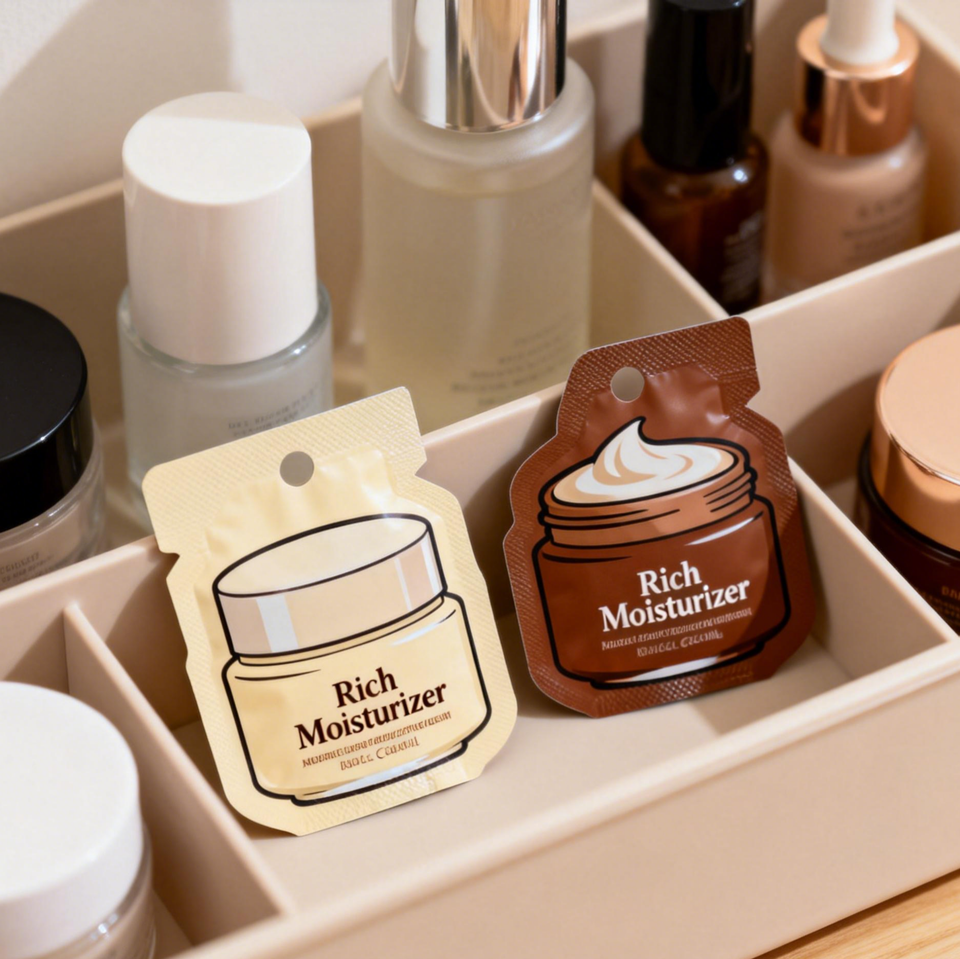 Crème et lotion de soin de la peau personnalisée Emballage en plastique Petit échantillon cosmétique Sachet Mylar sacs en feuille de papier Sacs de joint thermique Sacs de petit mini sac