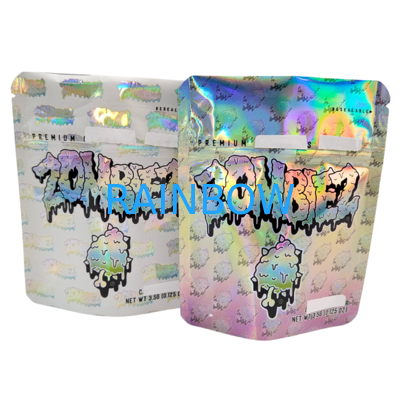 Sac en Mylar holographique refermable, pochette à fermeture éclair, résistante aux odeurs, format stand-up, pour 3,5g/7g/1oz/1lb de bonbons gélifiés, sac en plastique